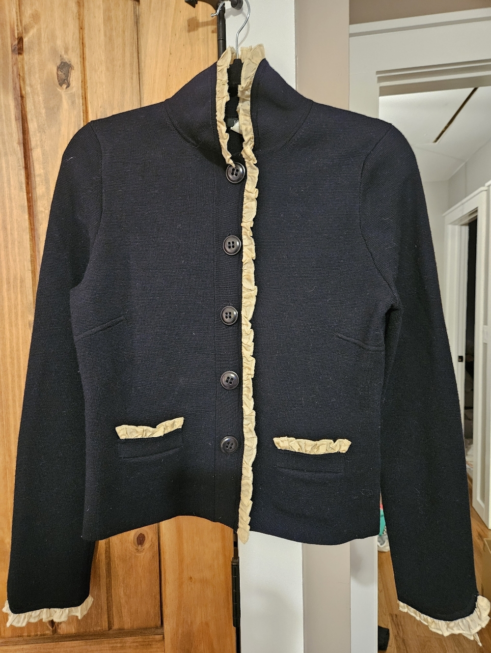 Navy Blue Women's Button-Front Sweater Jacket with Cream/yellow Trim